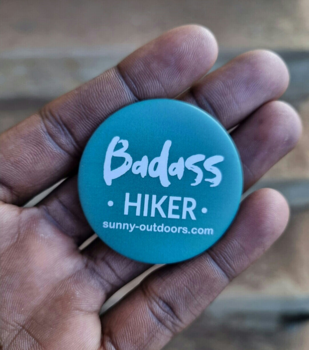 Sunny Outdoors hiker button badge