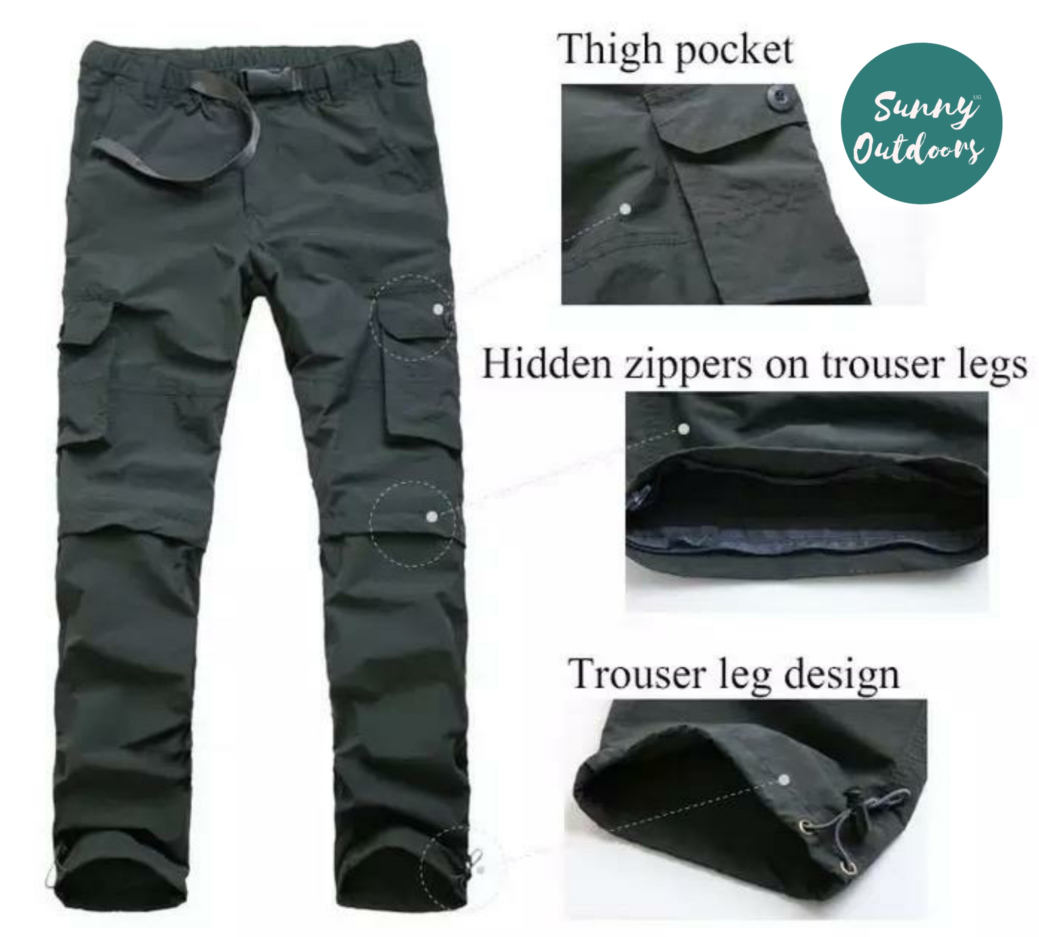 Quickdry cargo pants with detachable legs, for hiking, camping, fishi